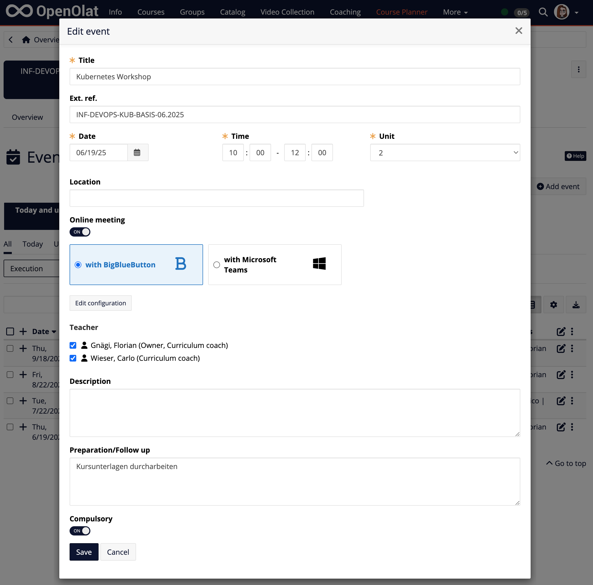 Dialog for creating or editing events