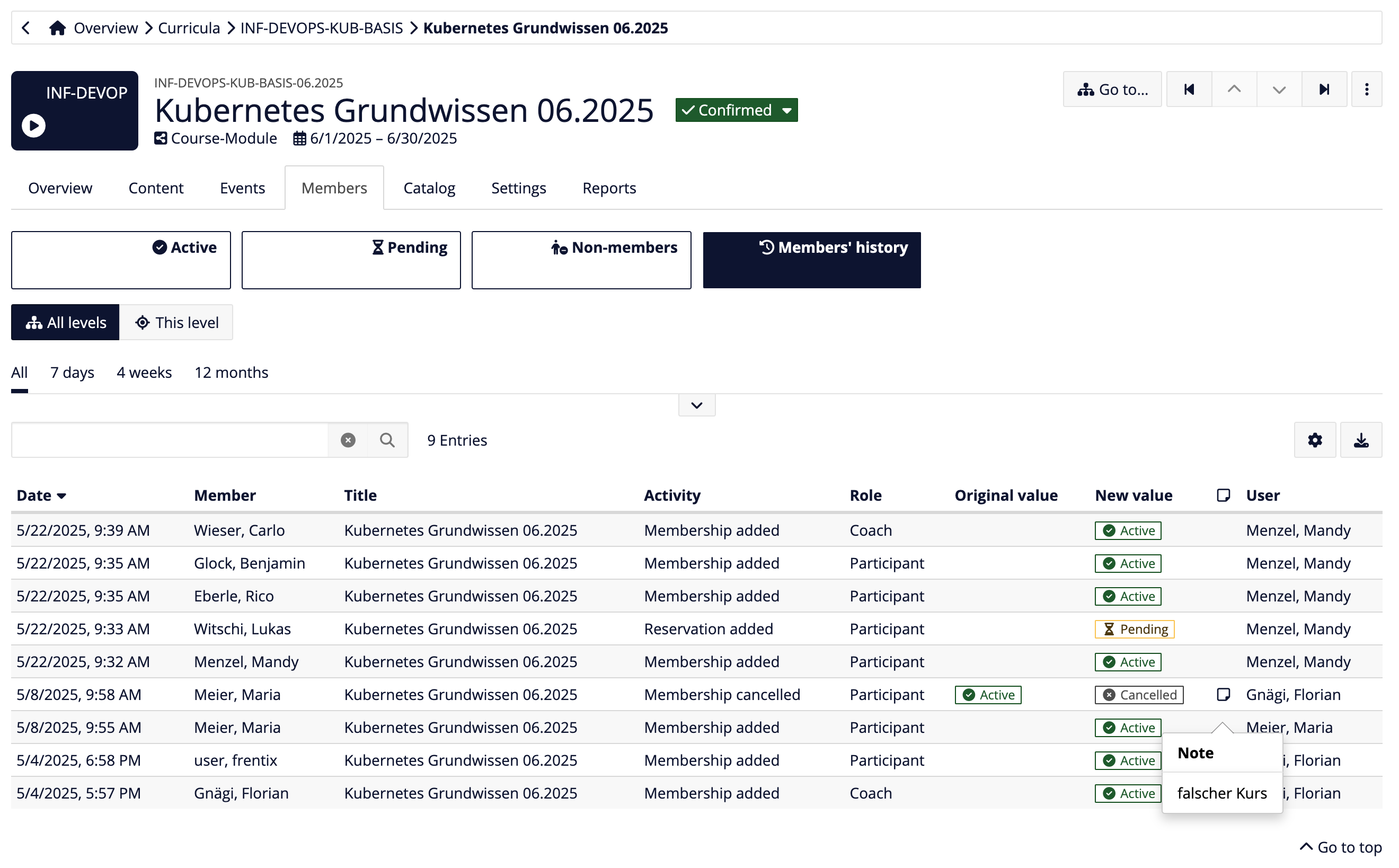 Member history of an implementation