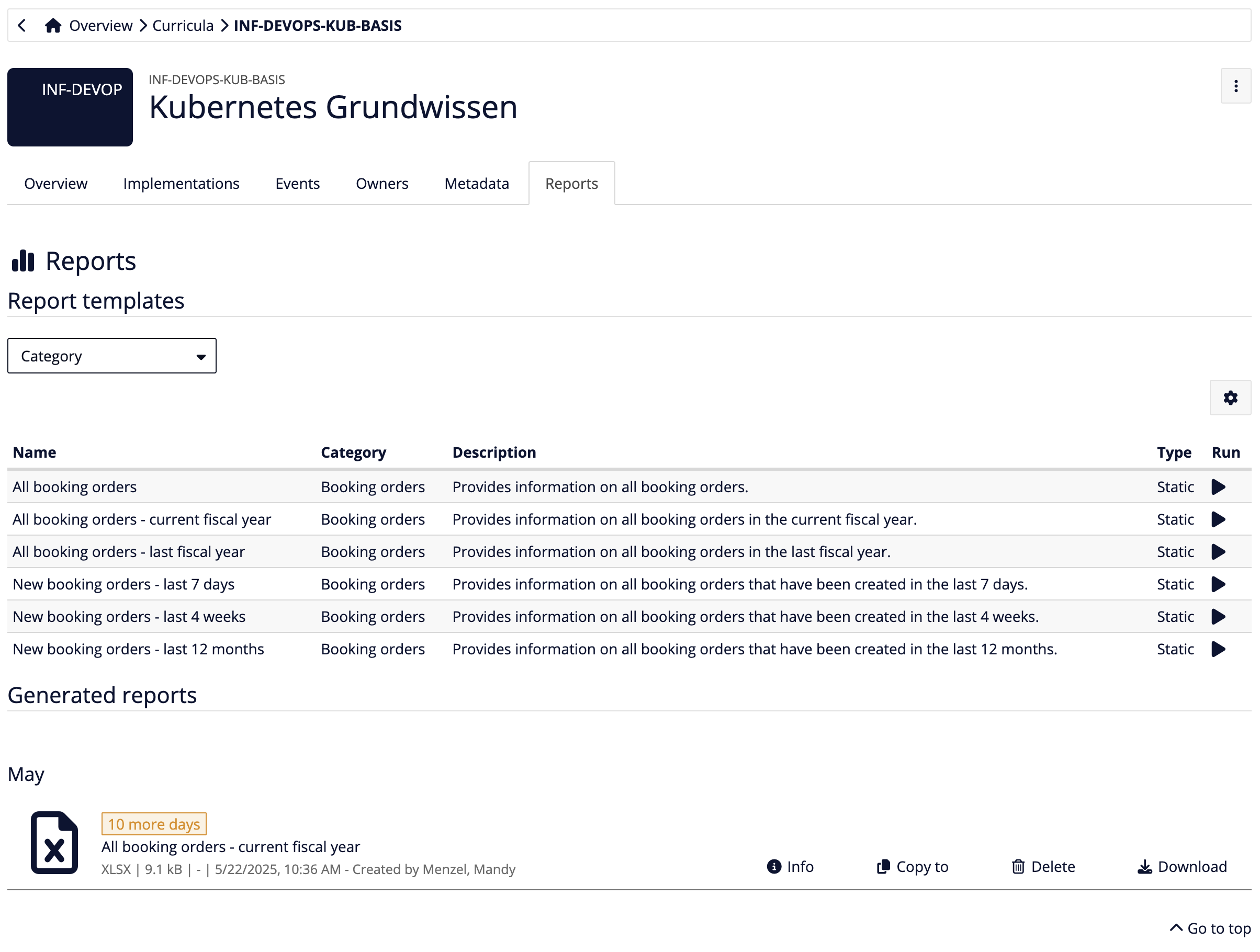 Report area for booking orders