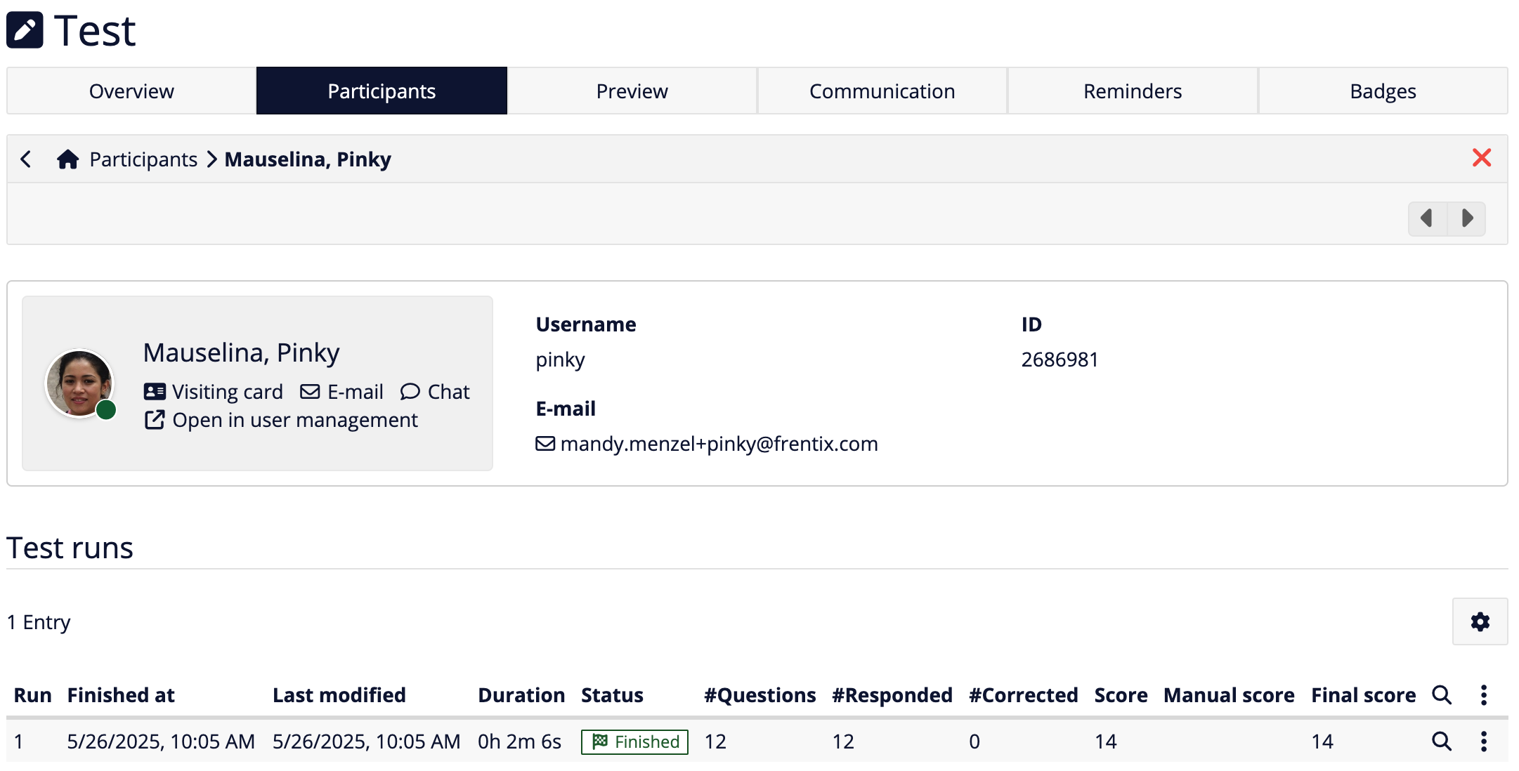Display of user information on test course element