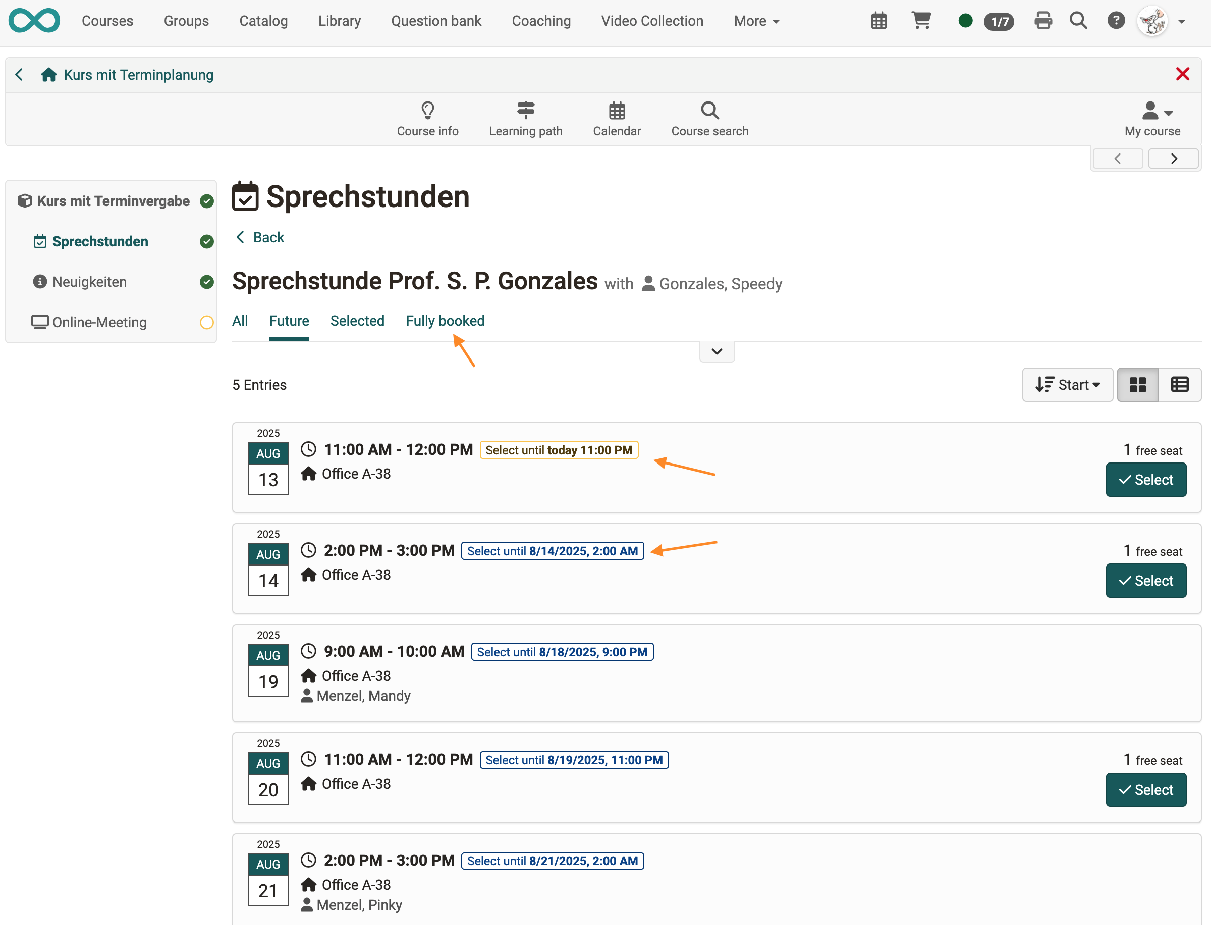 Enrolment deadline and filter for fully booked appointments