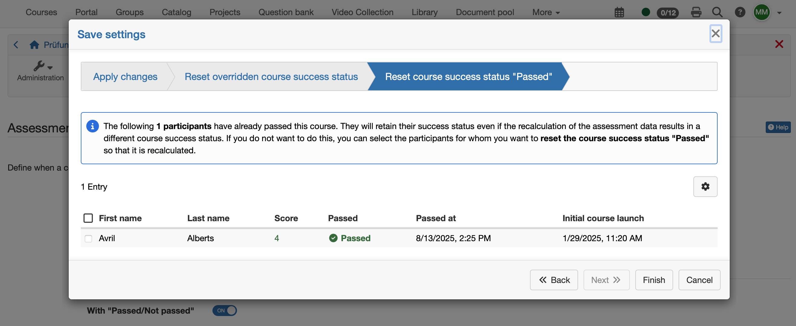 Reset course success status Passed