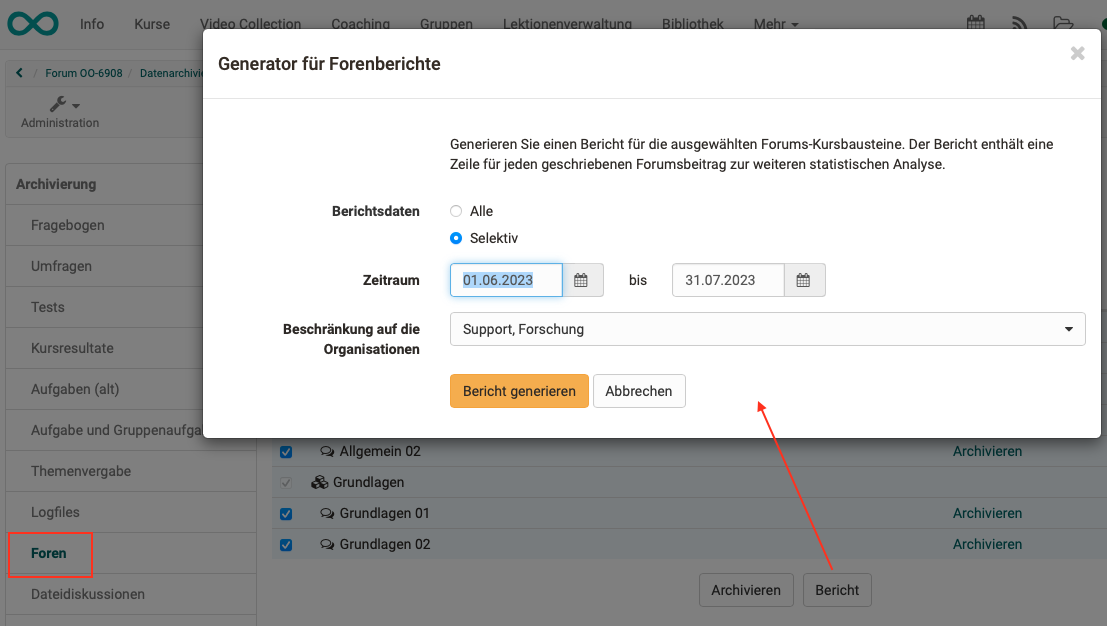 Report zur Forennutzung starten Foren-Report starten