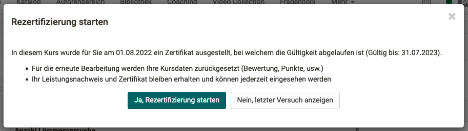 Start der Kurs-Rezertifizierung Start der Kurs-Rezertifizierung