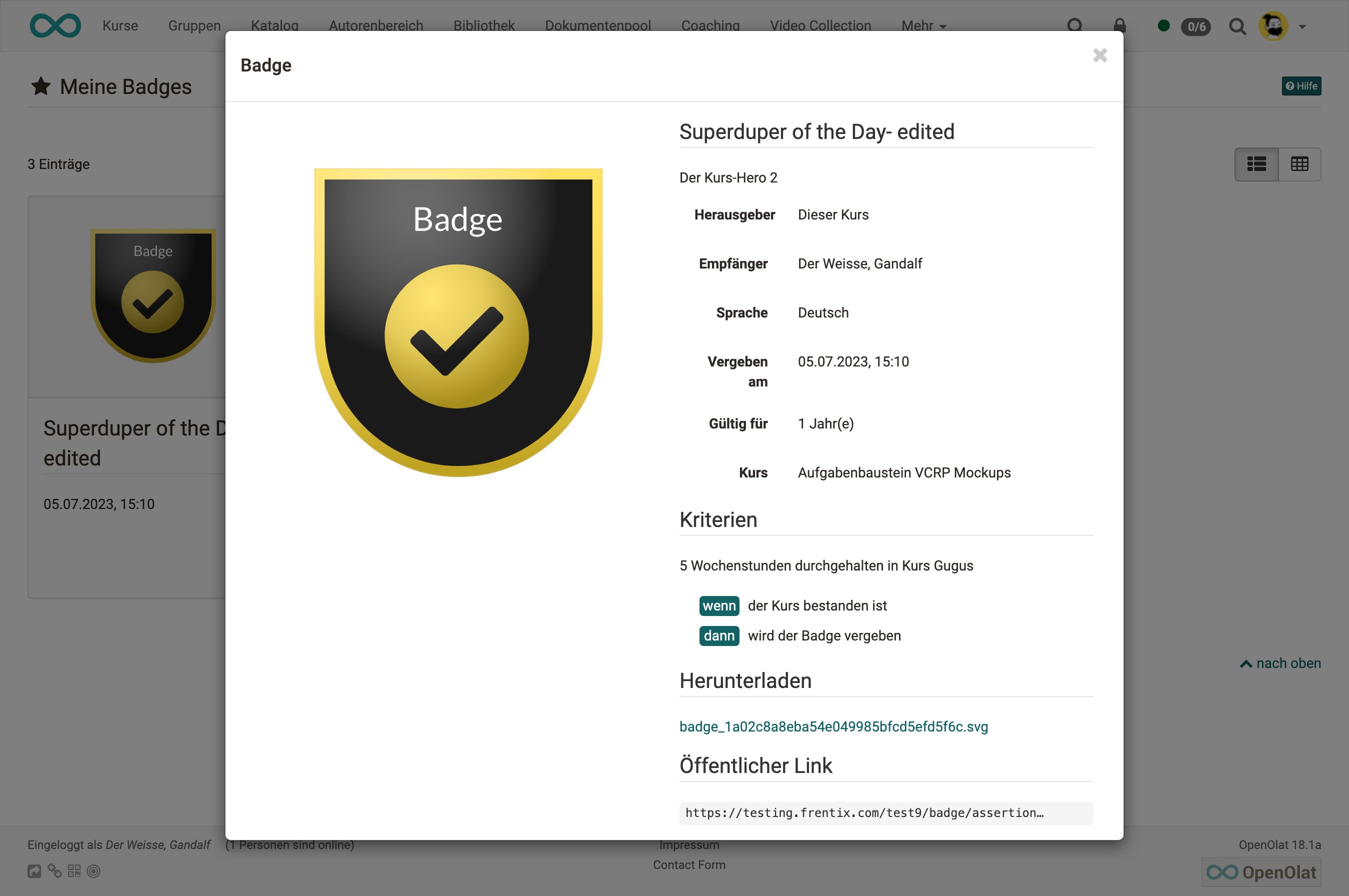 Detailseite eines Badges Detailseite eines Badges