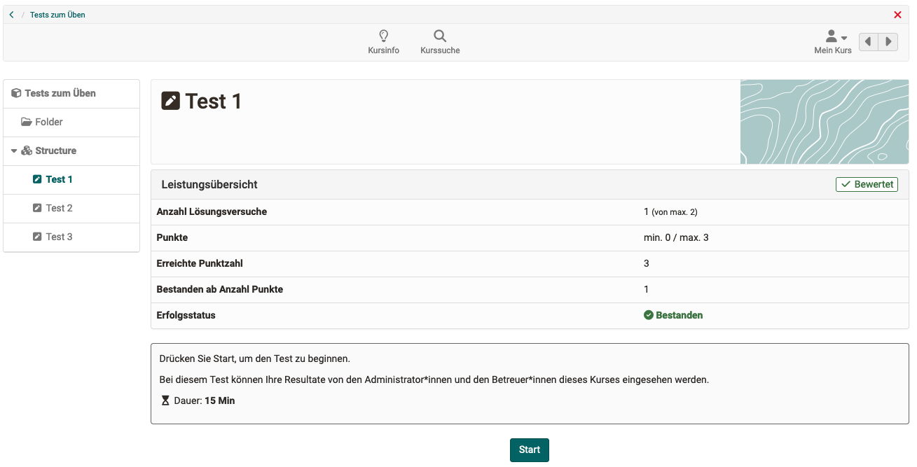 Alte Darstellung der Leistungsübersicht und Test-Startseite Alte Darstellung der Leistungsübersicht und Test-Startseite