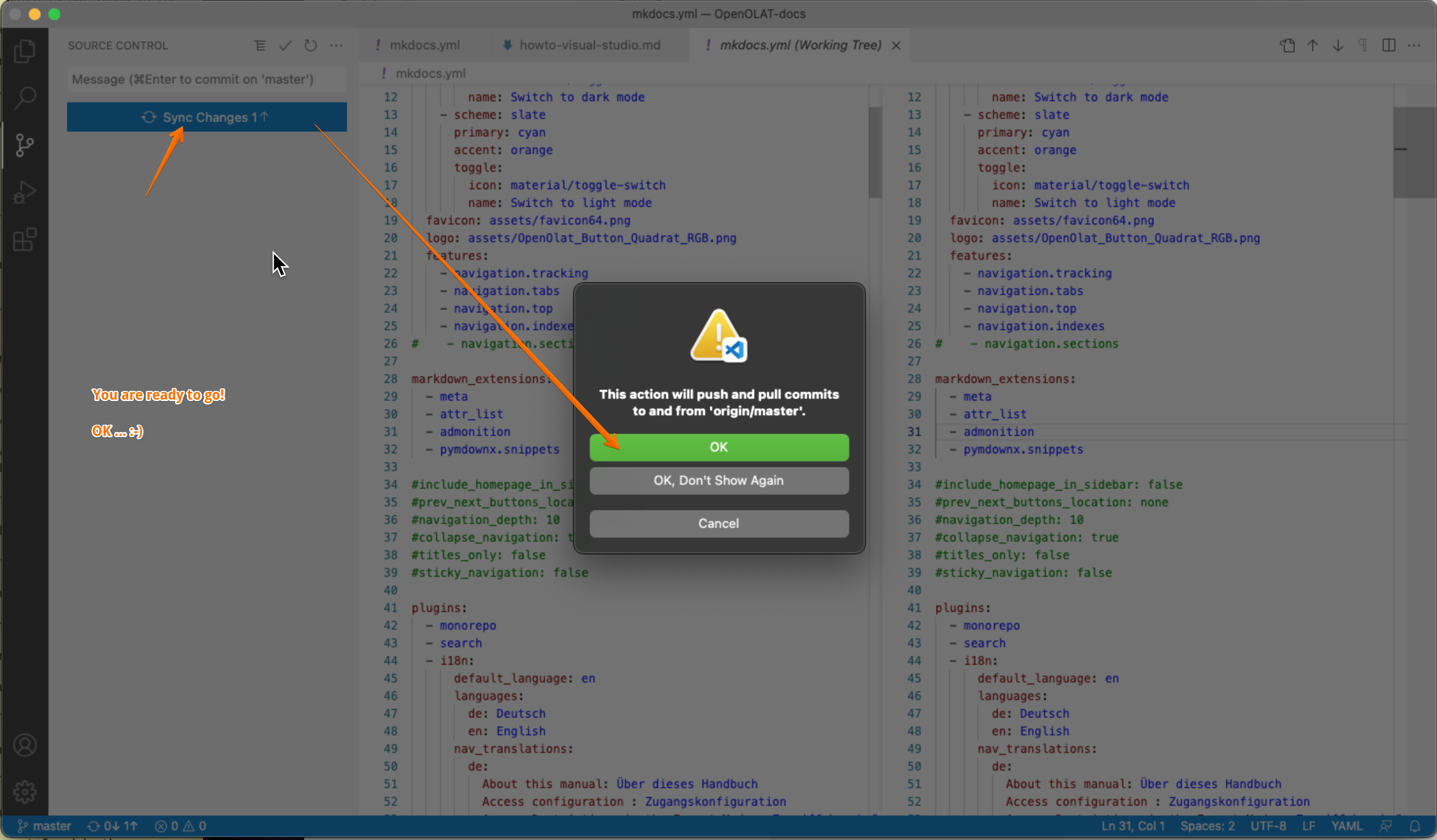 Pushing your changes will send the changes to the server so everybody else can pull them to their local repository