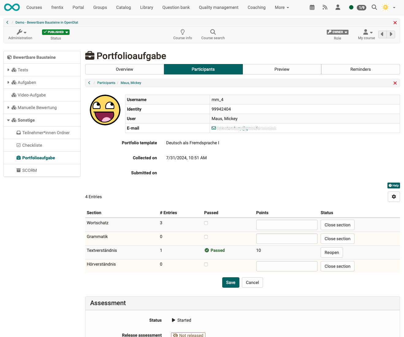 Old portfolio task view for coaches Old portfolio task view