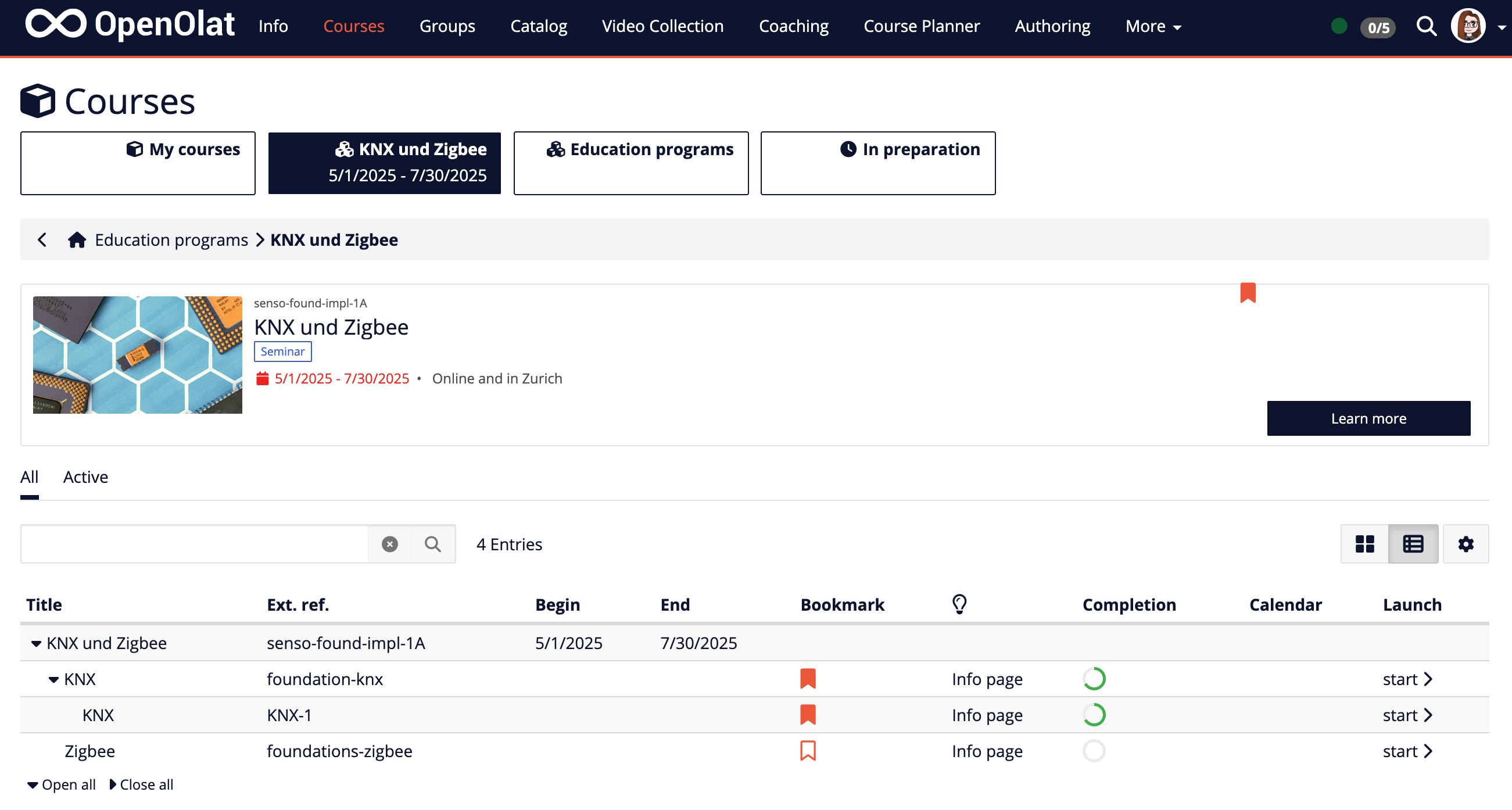 Navigation in the menu 'Courses' Navigation in the menu Courses