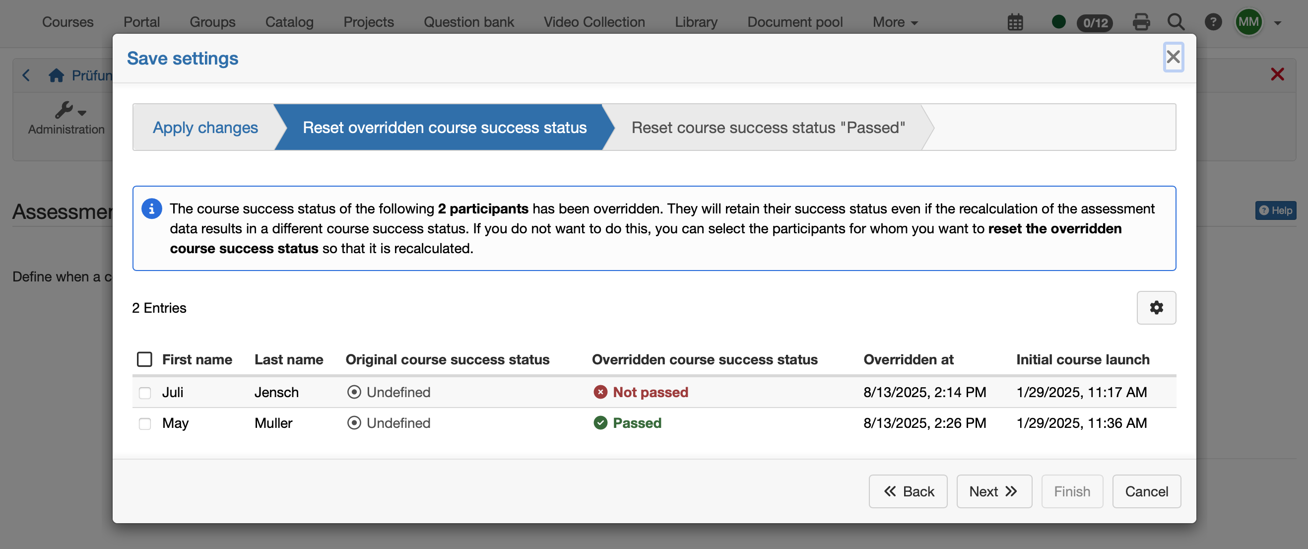 Wizard: Reset overridden course success status Reset overridden course success status