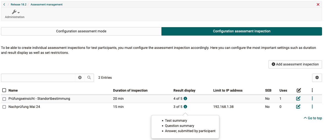 Assessment inspection - Configuration Assessment inspection - Configuration