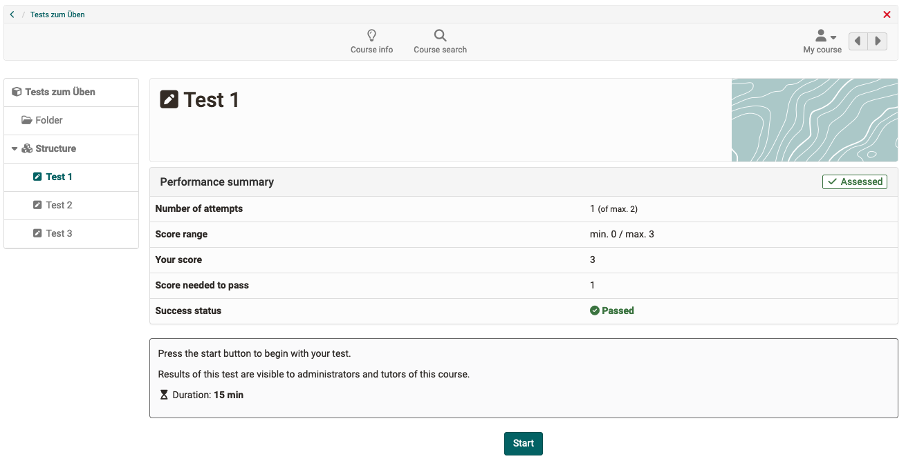 Old design of the performance summary and test start page Old design of the performance summary and test start page