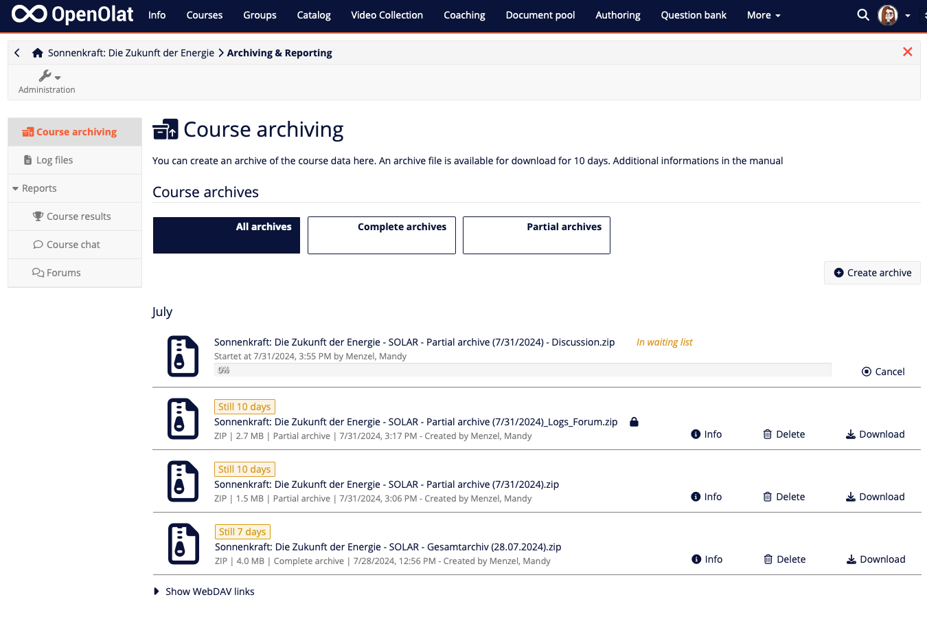 Course archiving with existing archives Course archiving