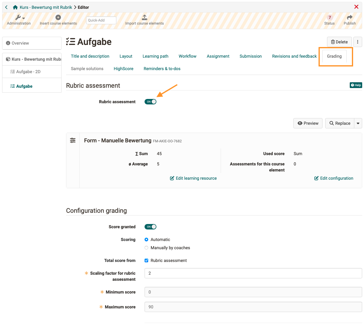 Integration of rubric form in task course element Integration rubric form task module