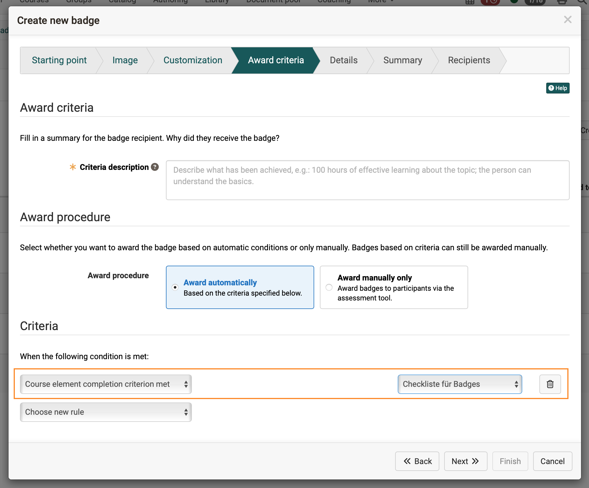 Configuring a badge in the wizard Wizard for badge
