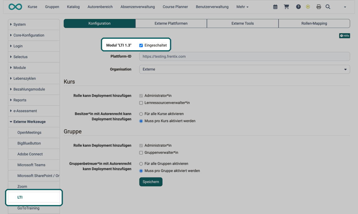Markierter Menüeintrag LTI unter Externe Werkzeuge und markierte Checkbox Eingeschaltet beim Modul LTI 1.3