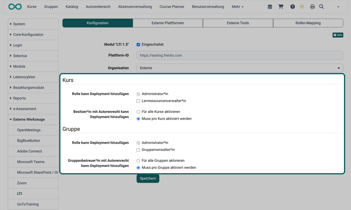 Markierte Bereiche Kurs und Gruppe mit den Rollen und Freigaben, die ein Deployment hinzufügen dürfen