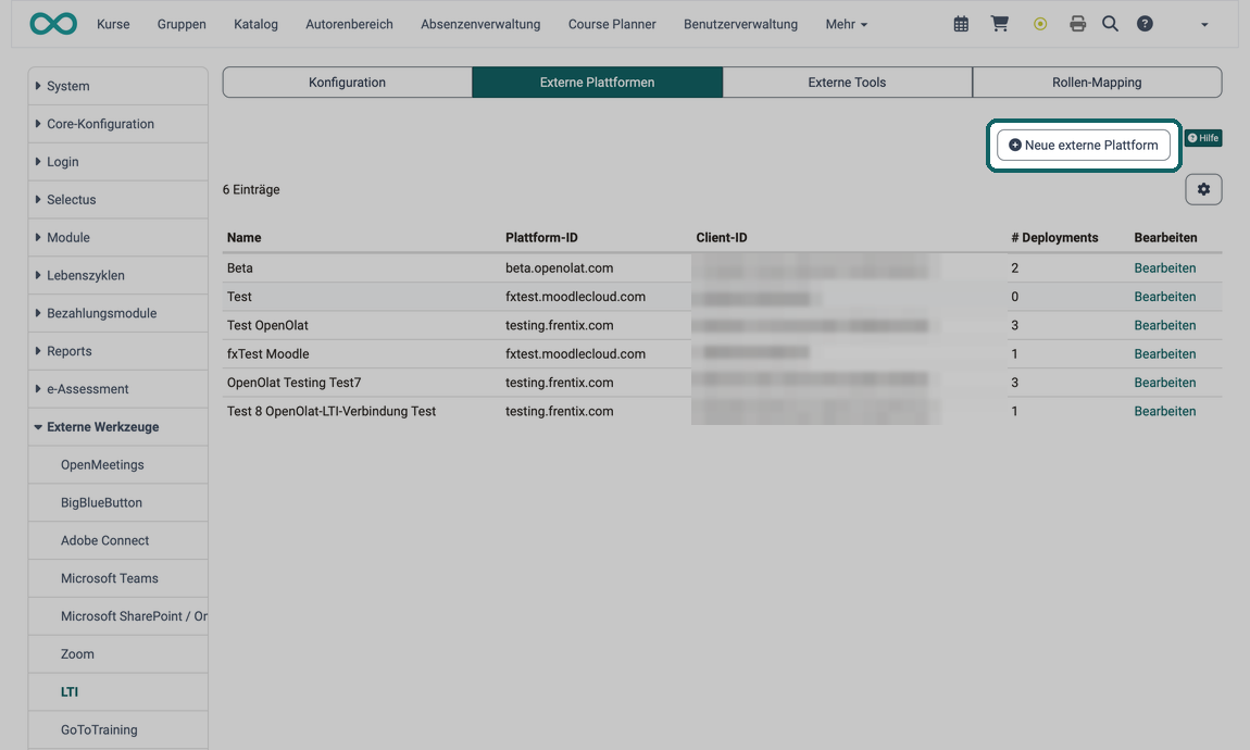 Liste der externen Plattformen mit Name, Plattform-ID, Client-ID und Anzahl Deployments, markiert der Button Neue externe Plattform