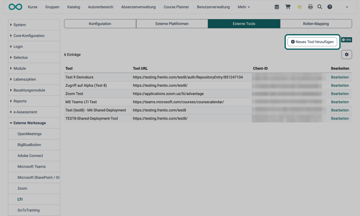 Liste der externen Tools mit Name, Tool URL und Client-ID, markiert der Button Neues Tool hinzufügen