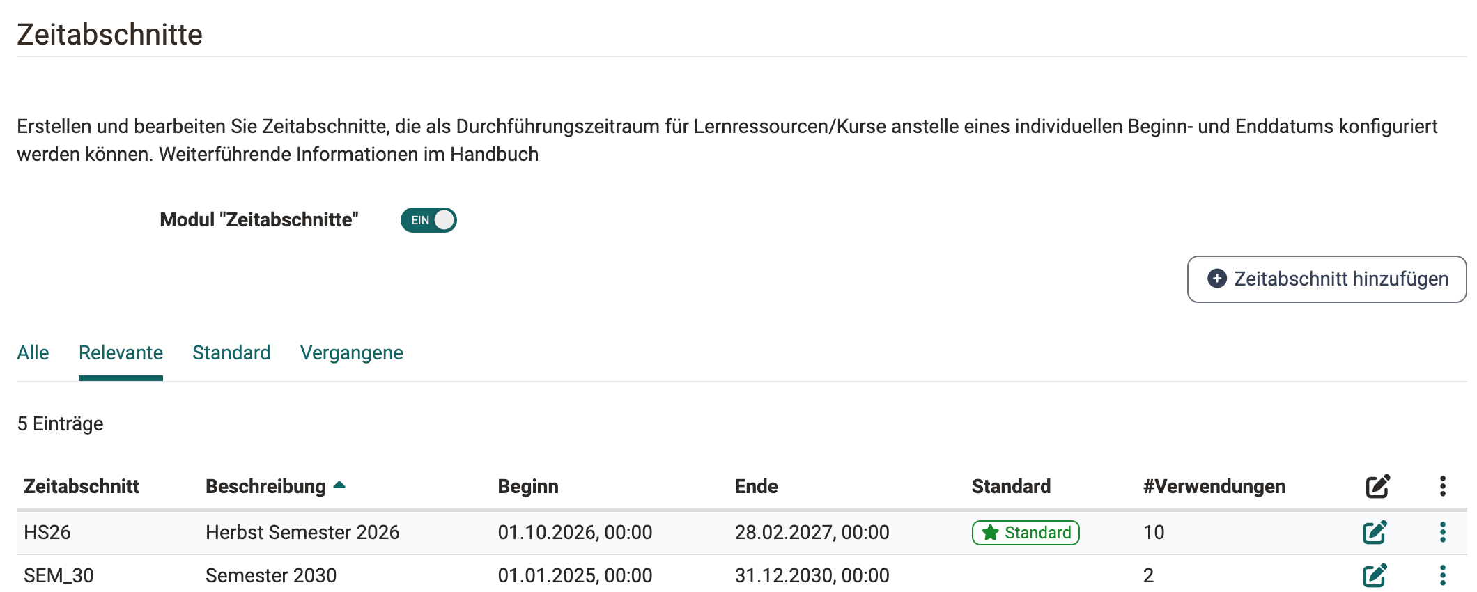 Modulschalter, Liste der Zeitabschnitte mit Beschreibung, Zeitraum, Standard-Markierung und Anzahl Verwendungen, dazu der Button zum Hinzufügen, Seite Zeitabschnitte im Menü Module