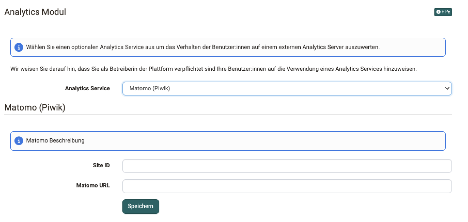 Analytics Modul in der System-Administration: bei gewähltem Service Matomo (Piwik) verlangt die Konfiguration Site ID und Matomo URL