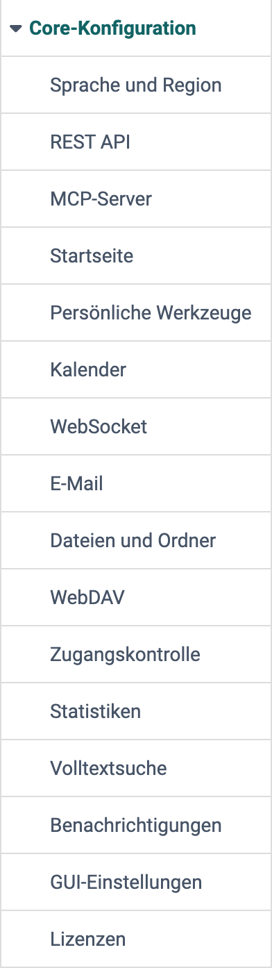 Grundeinstellungen des ganzen Systems in sechzehn Bereichen, von Sprache und Region bis Lizenzen, im aufgeklappten Menü Core-Konfiguration der System-Administration