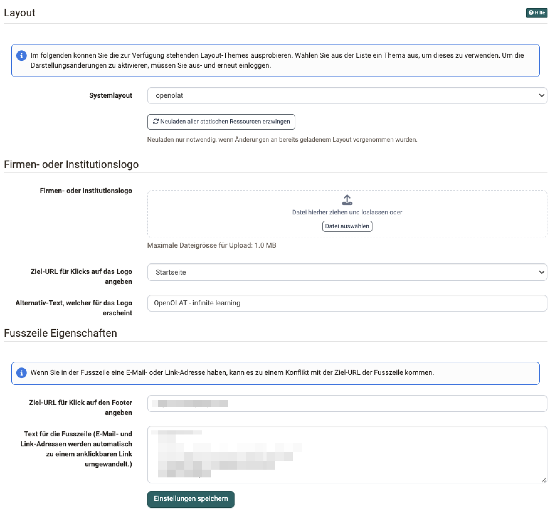 Seite Darstellung im Menü Customizing: Systemlayout als Auswahlliste, Logo-Upload mit Ziel-URL und Alternativ-Text, Fusszeile mit Ziel-URL und Text
