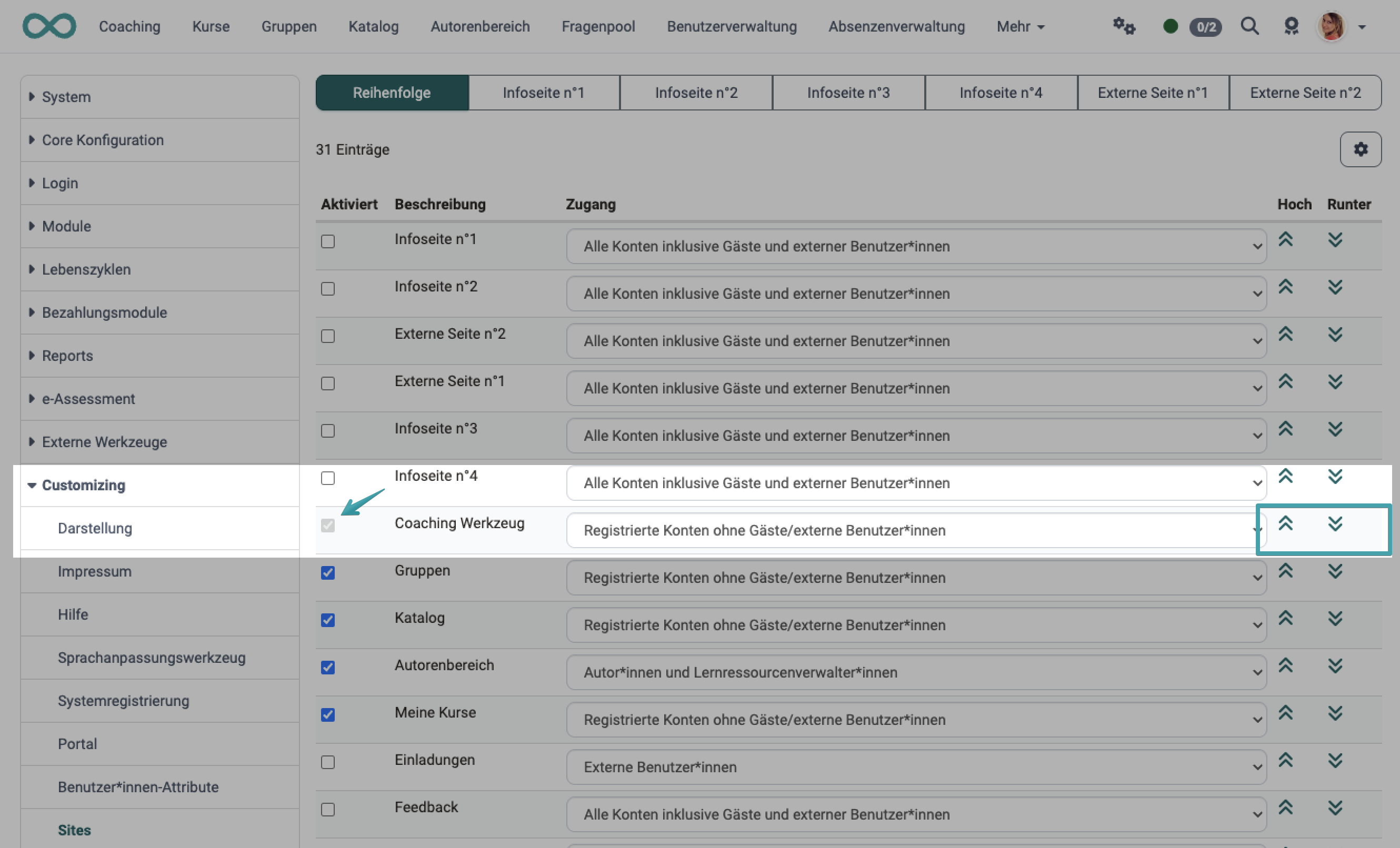 Tab Reihenfolge auf der Seite Sites: die Checkbox Aktiviert der Zeile Coaching Werkzeug ist ausgegraut, die Pfeile Hoch und Runter bleiben nutzbar