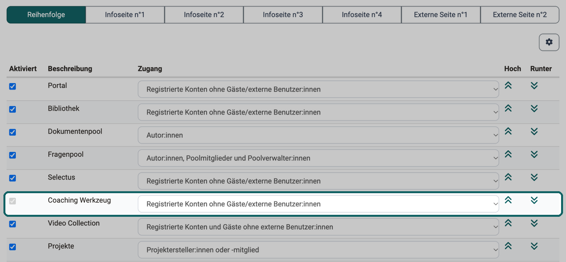 Checkbox Aktiviert beim Eintrag Coaching Werkzeug ausgegraut, Zugang und die Pfeile Hoch und Runter bleiben einstellbar