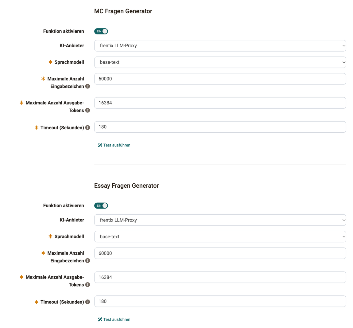 MC Fragen Generator und Essay Fragen Generator, je mit KI-Anbieter, Sprachmodell, Eingabezeichen, Ausgabe-Tokens und Timeout, so sehen Sie die Grenzwerte beider Generatoren auf einen Blick