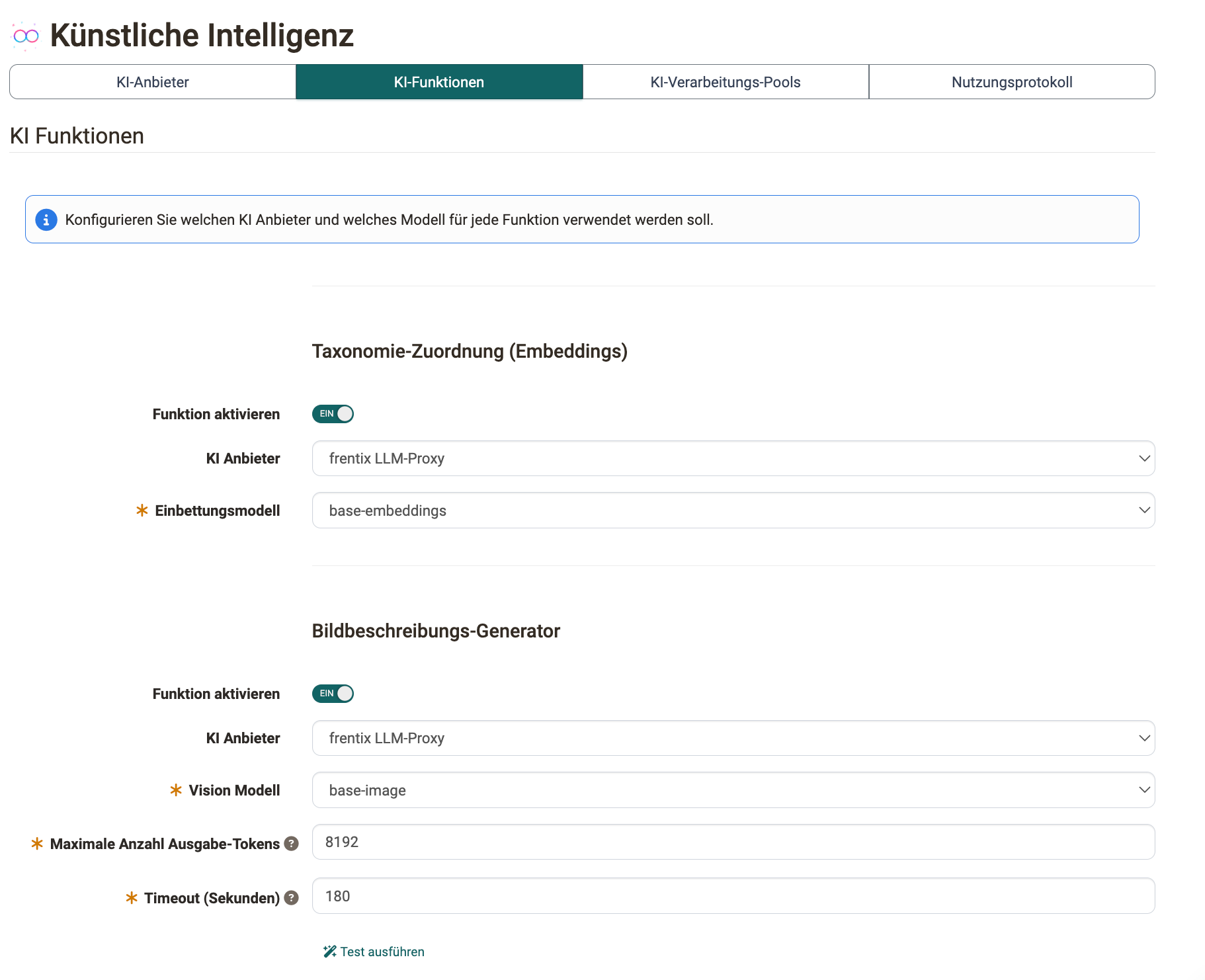 Taxonomie-Zuordnung und Bildbeschreibungs-Generator mit Anbieter, Modell und Limit-Feldern. Tab KI Funktionen, oben.