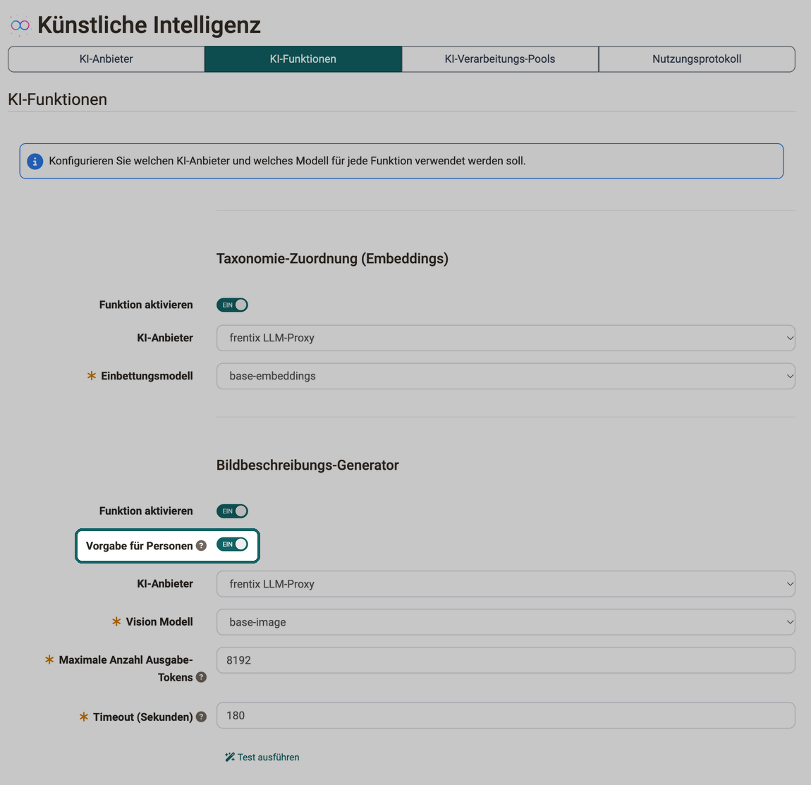 Taxonomie-Zuordnung und Bildbeschreibungs-Generator, markiert der Schalter Vorgabe für Personen, mit dem Sie festlegen, ob die Funktion für Personen ohne eigene Wahl läuft