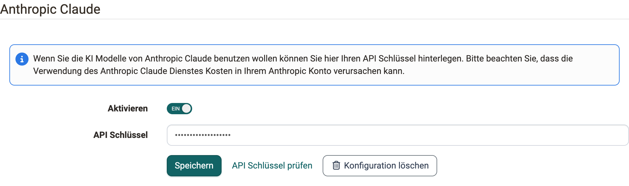 Der eingerichtete Anbieter zeigt den Toggle Aktivieren auf EIN, den hinterlegten API Schlüssel und die drei Aktionen. Tab KI-Anbieter.