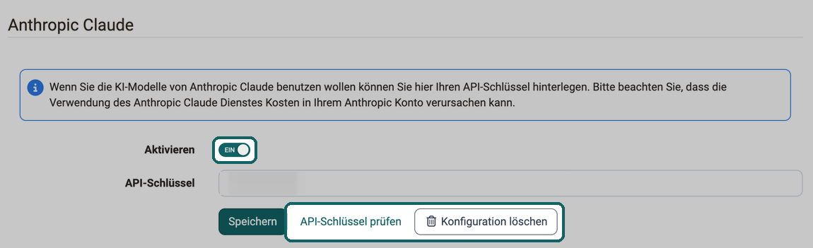 Anbieter Anthropic Claude mit dem markierten Schalter Aktivieren und den markierten Buttons API-Schlüssel prüfen und Konfiguration löschen, so finden Sie die Aktionen je Anbieter
