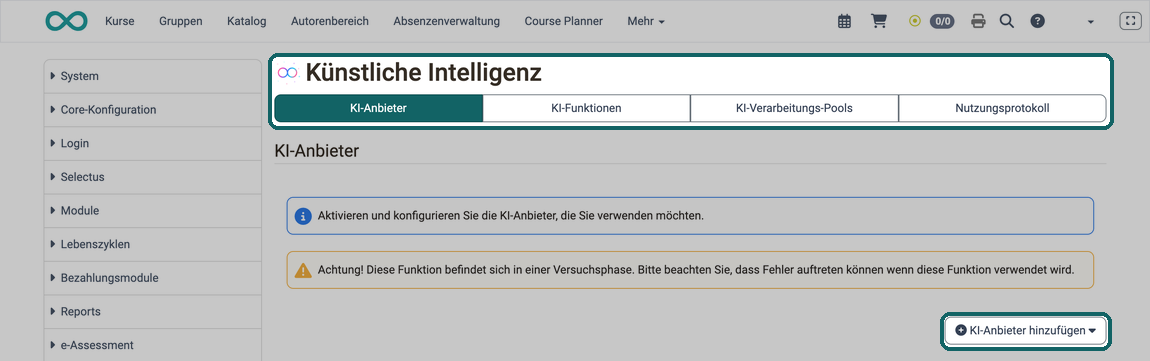 Die Tabs KI-Anbieter, KI-Funktionen, KI-Verarbeitungs-Pools und Nutzungsprotokoll markiert, rechts unten der Button KI-Anbieter hinzufügen, so finden Sie die Bereiche dieser Seite