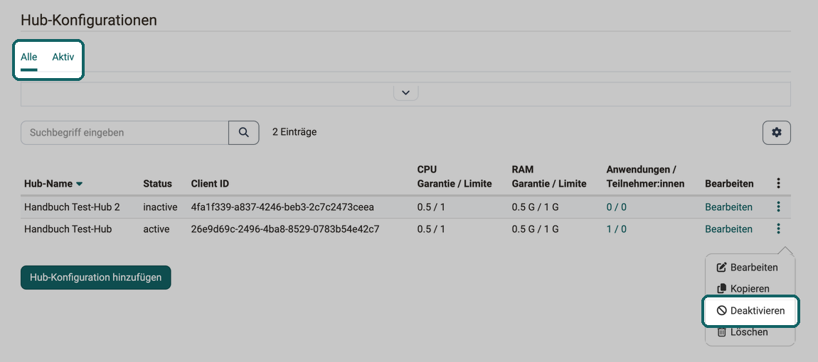 Liste der Hub-Konfigurationen mit den Tabs Alle und Aktiv; im Menü Weitere Aktionen eines aktiven Hubs steht Deaktivieren