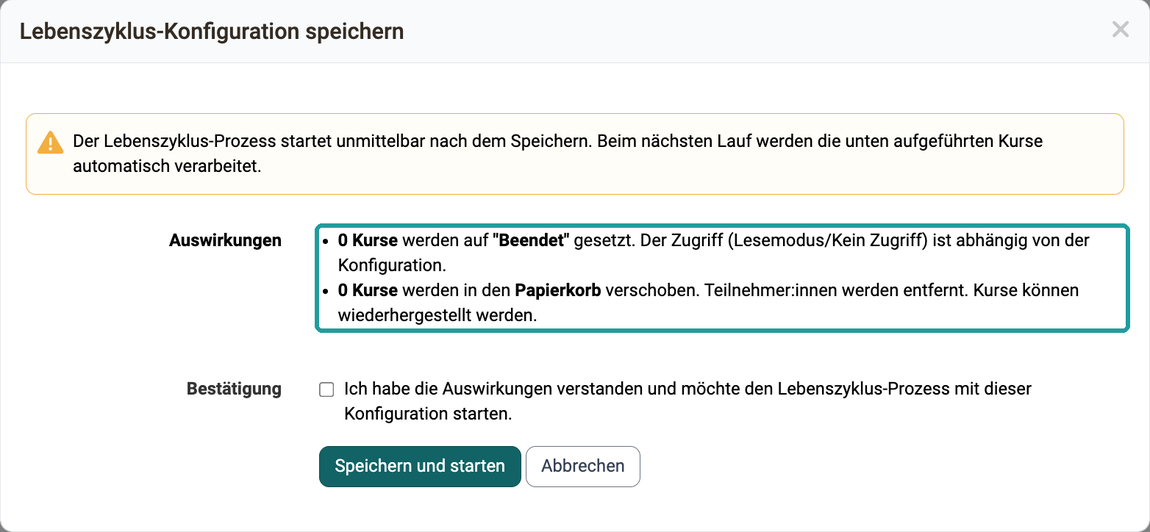 Markierte Liste Auswirkungen mit der Anzahl Kurse je Schritt, darunter Kontrollkästchen Bestätigung und Button Speichern und starten, Dialog Lebenszyklus-Konfiguration speichern