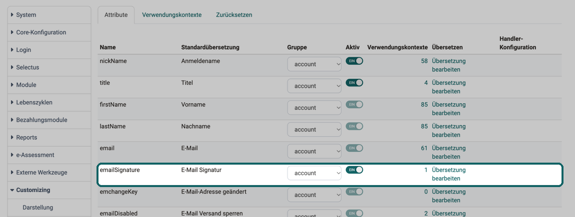 Schalter in der Spalte Aktiv gibt emailSignature systemweit frei