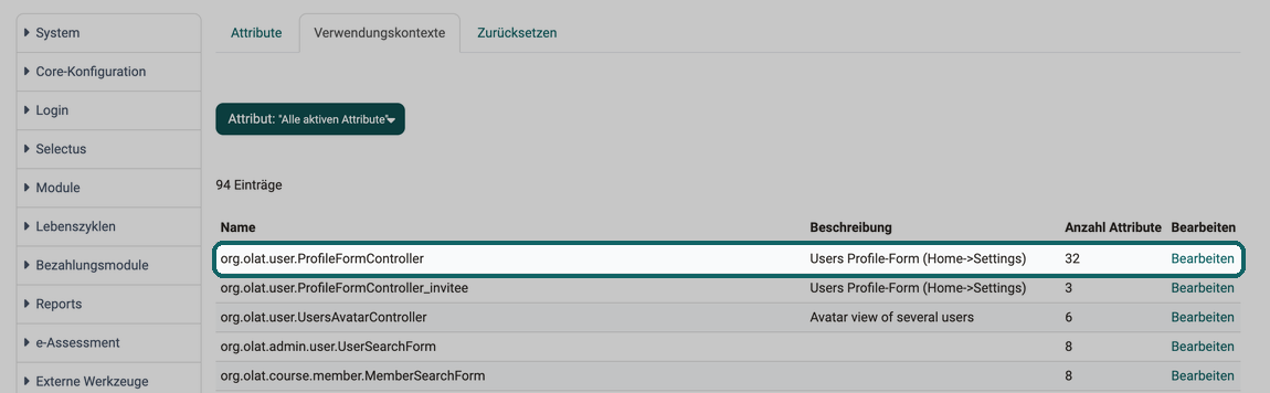 Link Bearbeiten in der Zeile org.olat.user.ProfileFormController öffnet die Attributliste dieses Verwendungskontexts