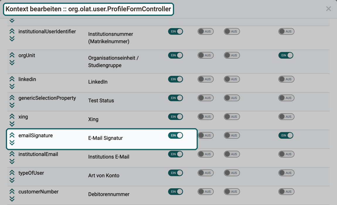 Eingeschalteter Schalter Verwenden in der Zeile emailSignature gibt das Feld für das persönliche Profil frei