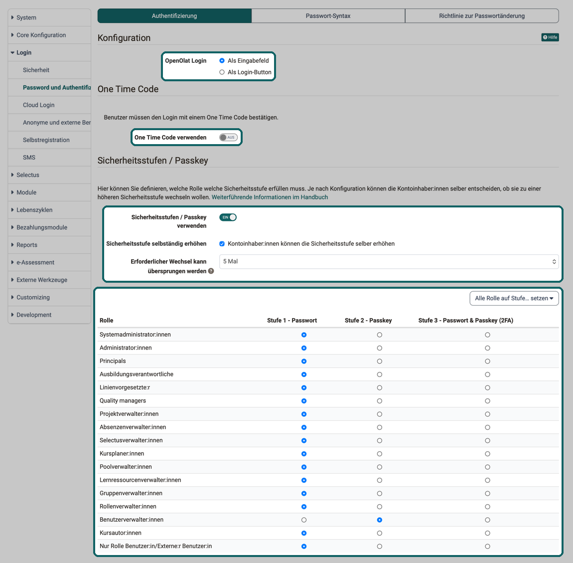 OpenOlat Login als Eingabefeld oder Login-Button, Schalter One Time Code verwenden, Passkey-Optionen und Sicherheitsstufe je Rolle markiert