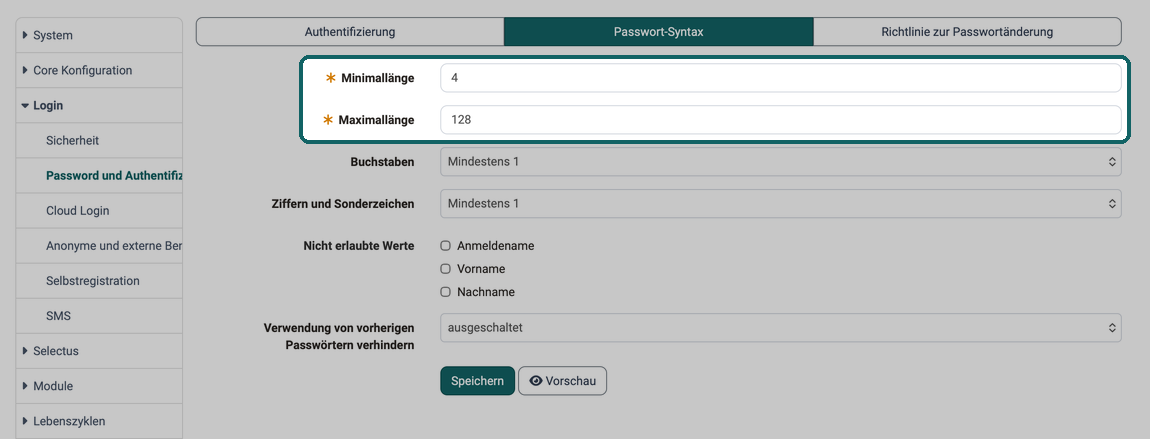 Pflichtfelder Minimallänge und Maximallänge markiert, darunter Vorgaben zu Buchstaben, Ziffern, Sonderzeichen und nicht erlaubten Werten