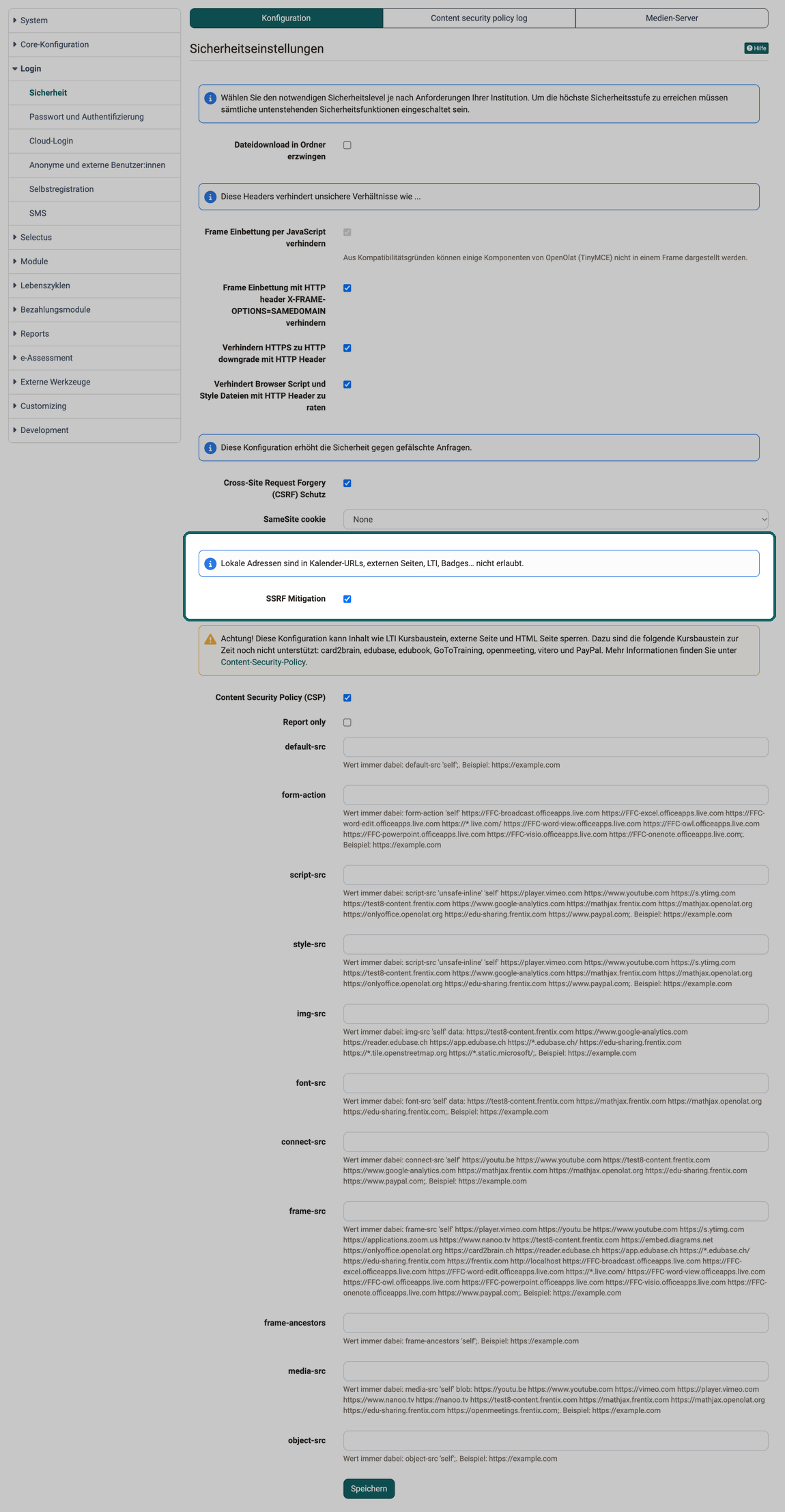 Alle Sicherheitsfunktionen von Dateidownload bis Content Security Policy, hervorgehoben die Checkbox SSRF Mitigation mit dem Hinweis zu lokalen Adressen