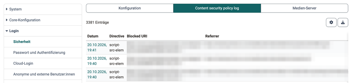 Liste der gemeldeten Verstösse, je mit Datum, Direktive, blockierter URI und Referrer