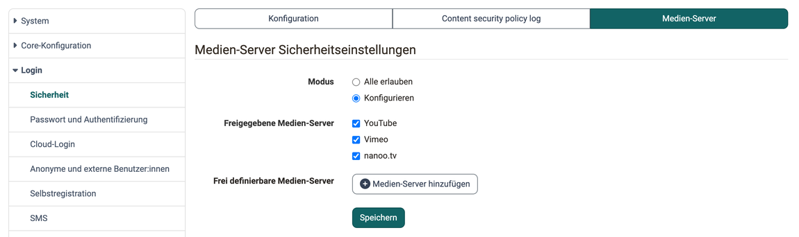Modus Konfigurieren gewählt, YouTube, Vimeo und nanoo.tv freigegeben, darunter der Button Medien-Server hinzufügen