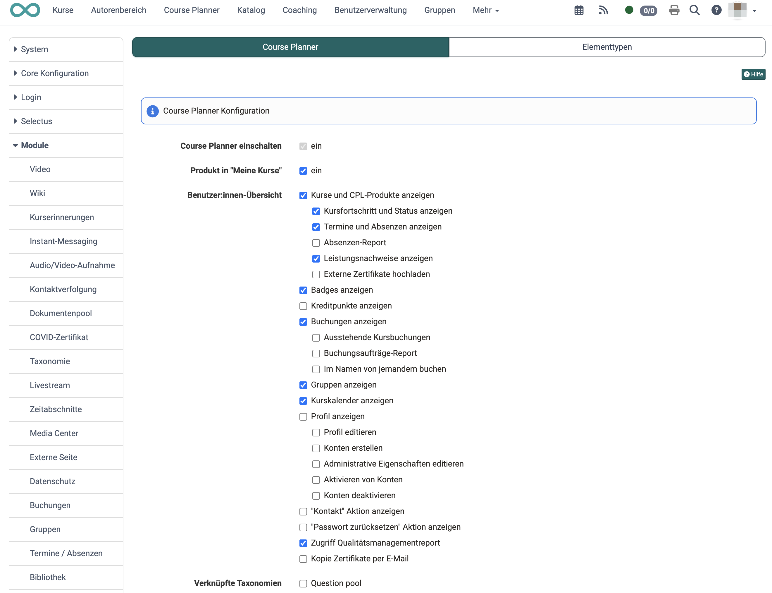 Der Tab «Course Planner» der Modulkonfiguration mit dem Schalter zum Einschalten, der Option Produkt in «Meine Kurse», dem Optionsbaum "Benutzer:innen-Übersicht" und den verknüpften Taxonomien, in der System-Administration