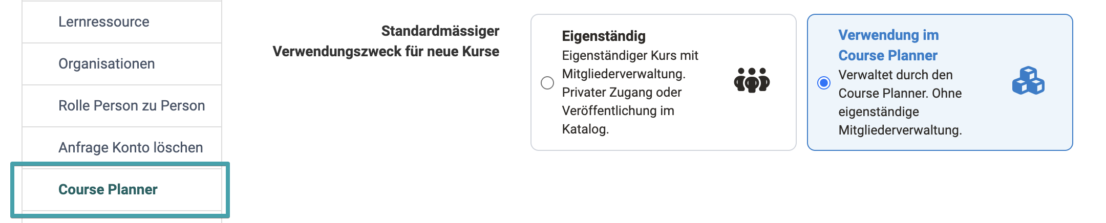 Die Einstellung «Standardmässiger Verwendungszweck für neue Kurse» mit den Karten Eigenständig und Verwendung im Course Planner, im Menüpunkt Course Planner der System-Administration