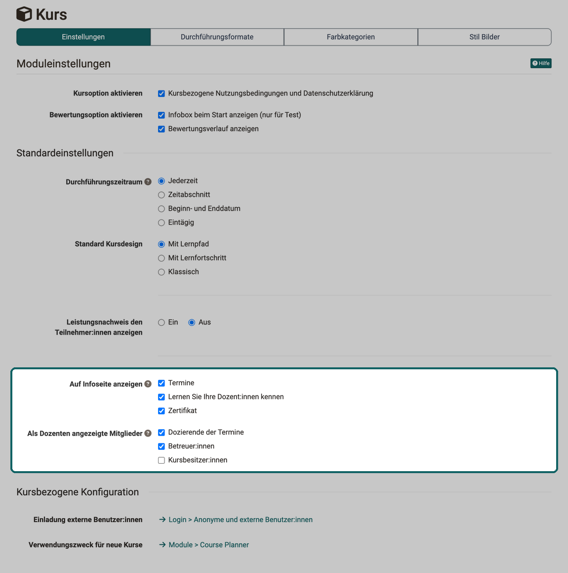Optionen unter Auf Infoseite anzeigen und Rollen unter Als Dozenten angezeigte Mitglieder, mit denen neue Kurse starten