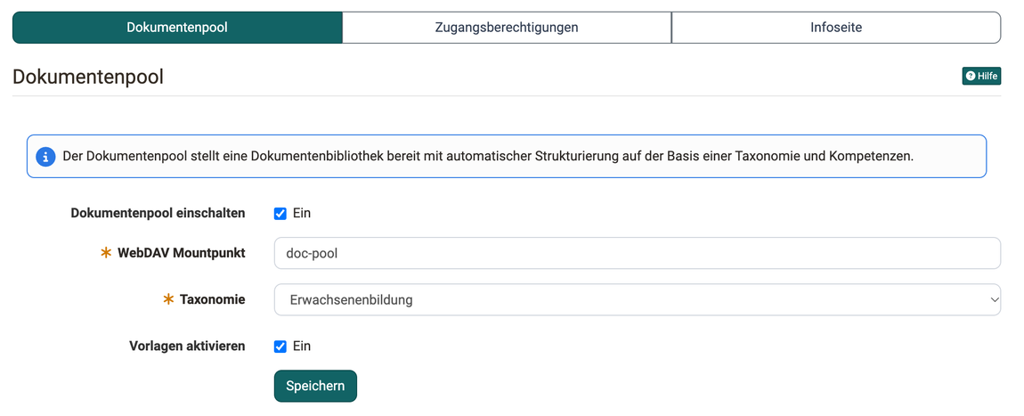Checkbox Dokumentenpool einschalten, Felder WebDAV Mountpunkt und Taxonomie sowie Checkbox Vorlagen aktivieren