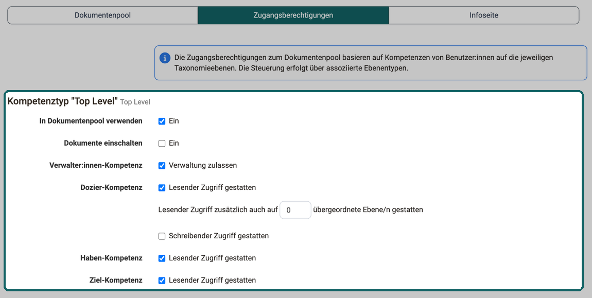 Alle Optionen eines Kompetenztyps, bei der Dozier-Kompetenz zusätzlich übergeordnete Ebenen und schreibender Zugriff